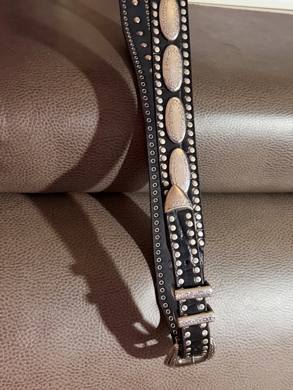 Western Studded Leather Belt with Silver Buckle - Black